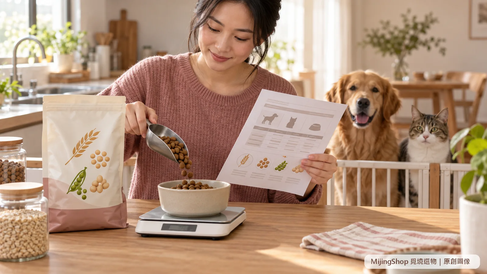 飼主以電子秤量取完整主食並比較無品牌包裝、廠商資料與穀物豆類符號