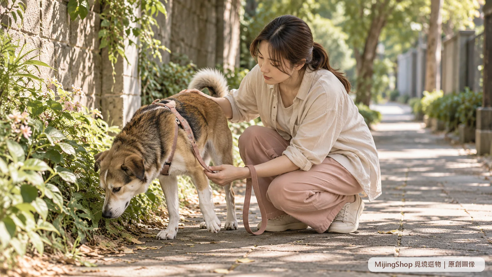 狗狗在陰涼人行道停下嗅聞，飼主放鬆牽繩並觀察腳掌與呼吸