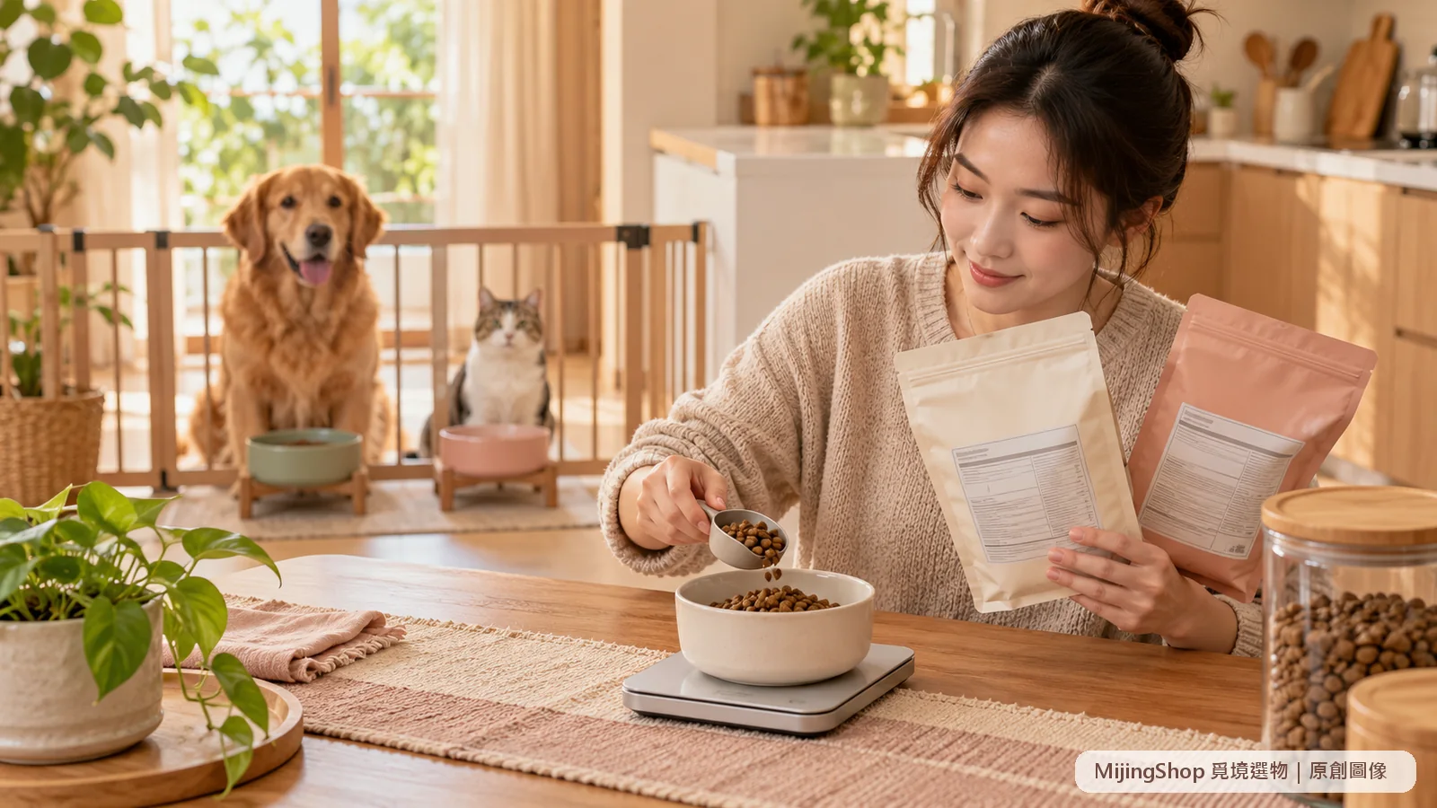 飼主以電子秤量取完整主食並比較無品牌包裝的脂肪與熱量資料