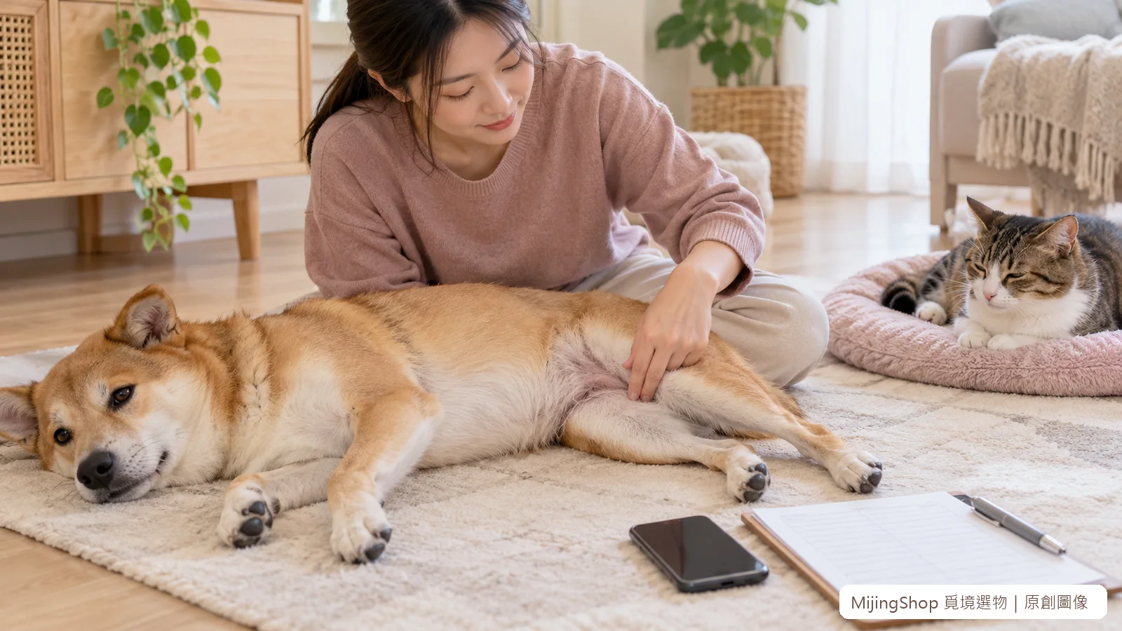 飼主在狗狗大腿內側輕觸脈搏，貓咪於另一張睡墊休息