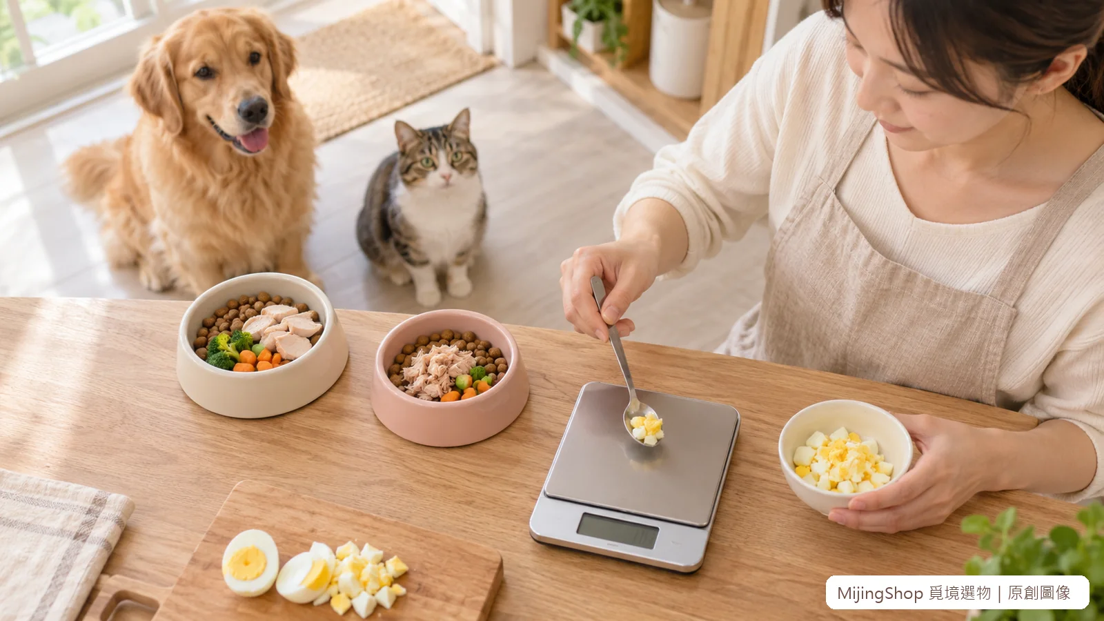 飼主以電子秤量取少量全熟雞蛋，犬貓在餐碗後等待