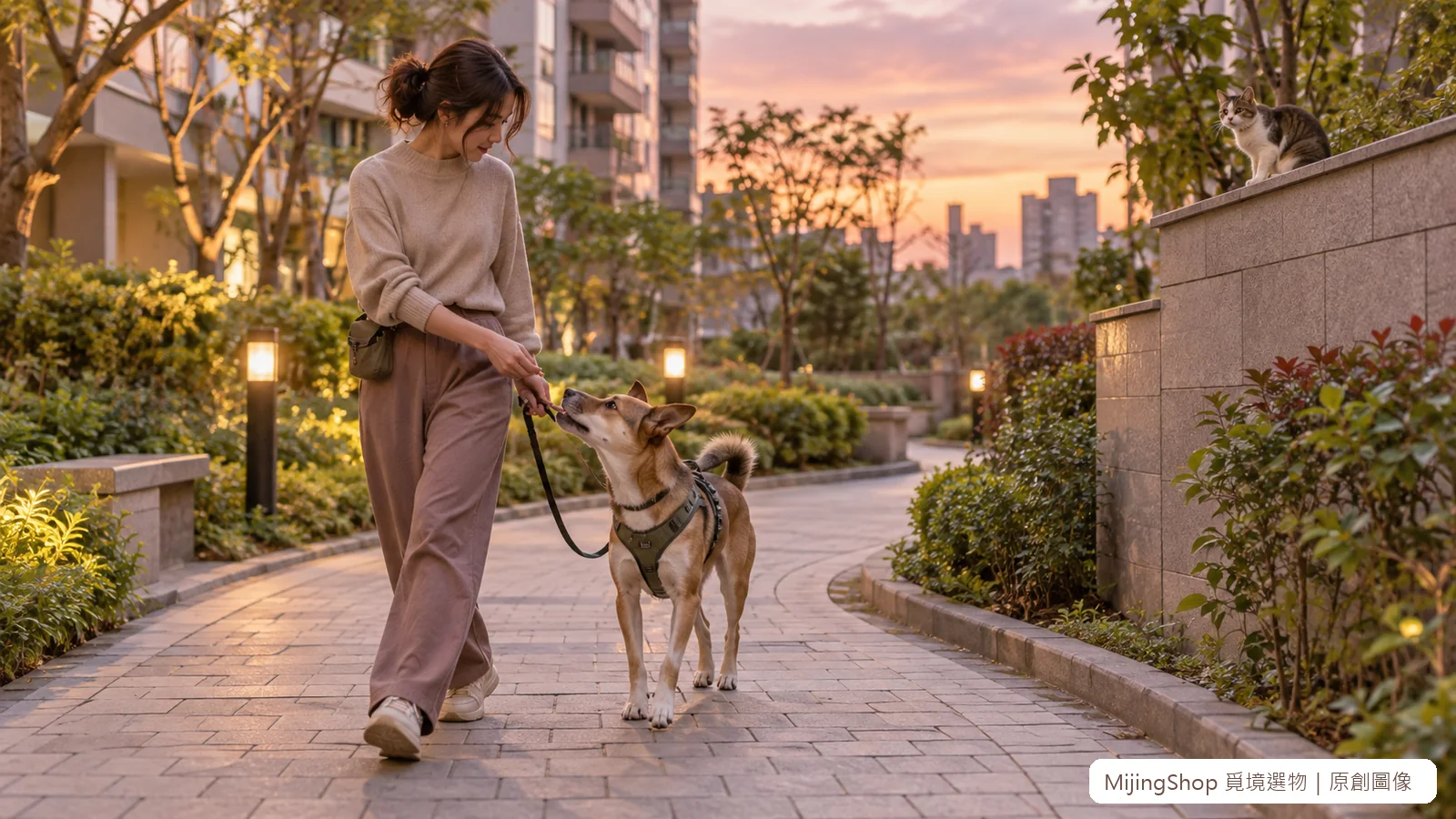 飼主帶狗狗走弧線離開高處的貓，狗狗回頭接受獎勵