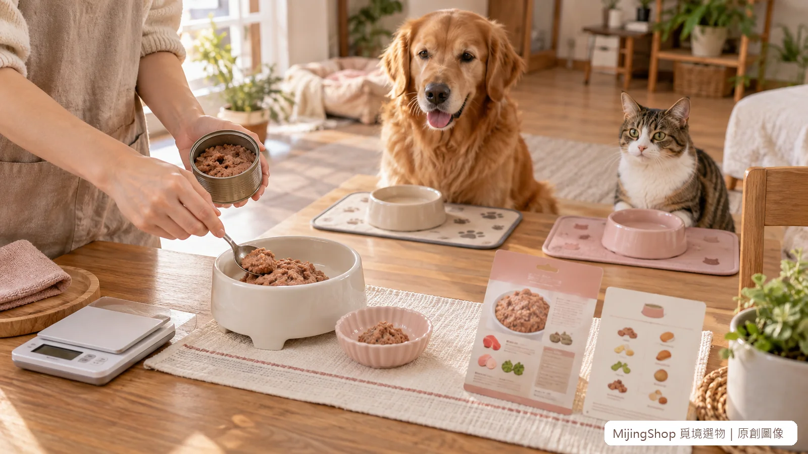 飼主用電子秤把無品牌濕食分成完整主餐與少量拌料，犬貓在後方等待