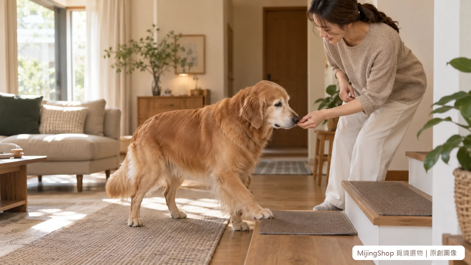 狗狗在寬階梯的第一階做短回合練習，飼主站在側邊留出退路
