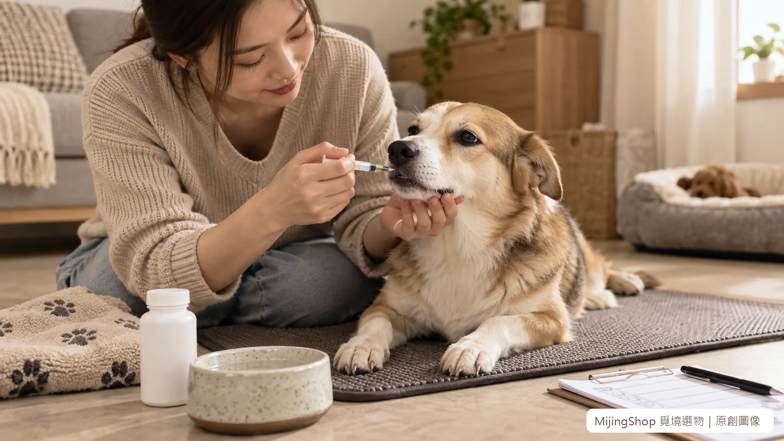 飼主從狗狗嘴角緩慢給少量液體藥，旁邊有標籤完整的藥瓶與紀錄表