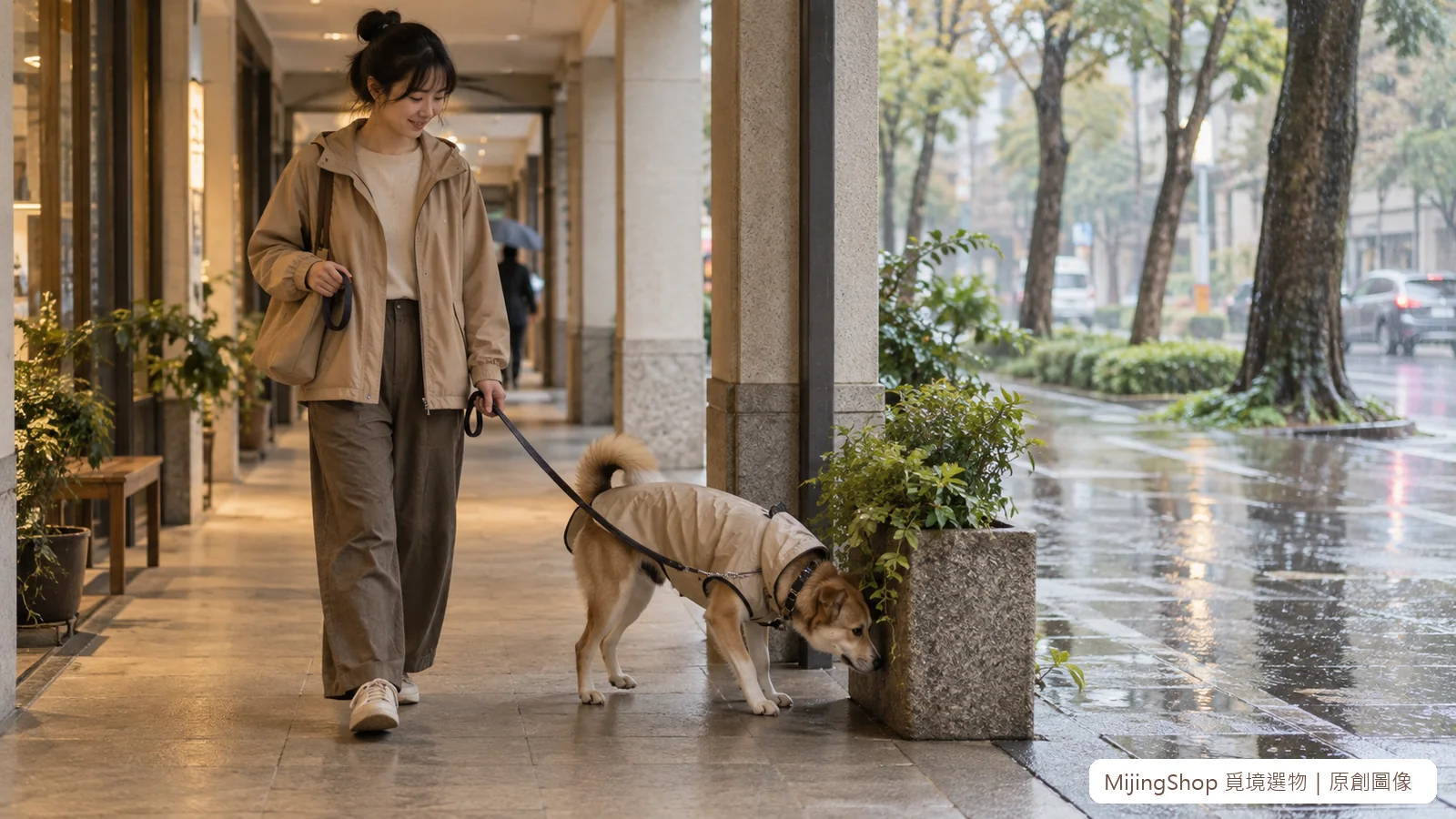 狗狗穿著合身雨衣在騎樓短暫行走，飼主讓牠自然嗅聞而沒有拉扯