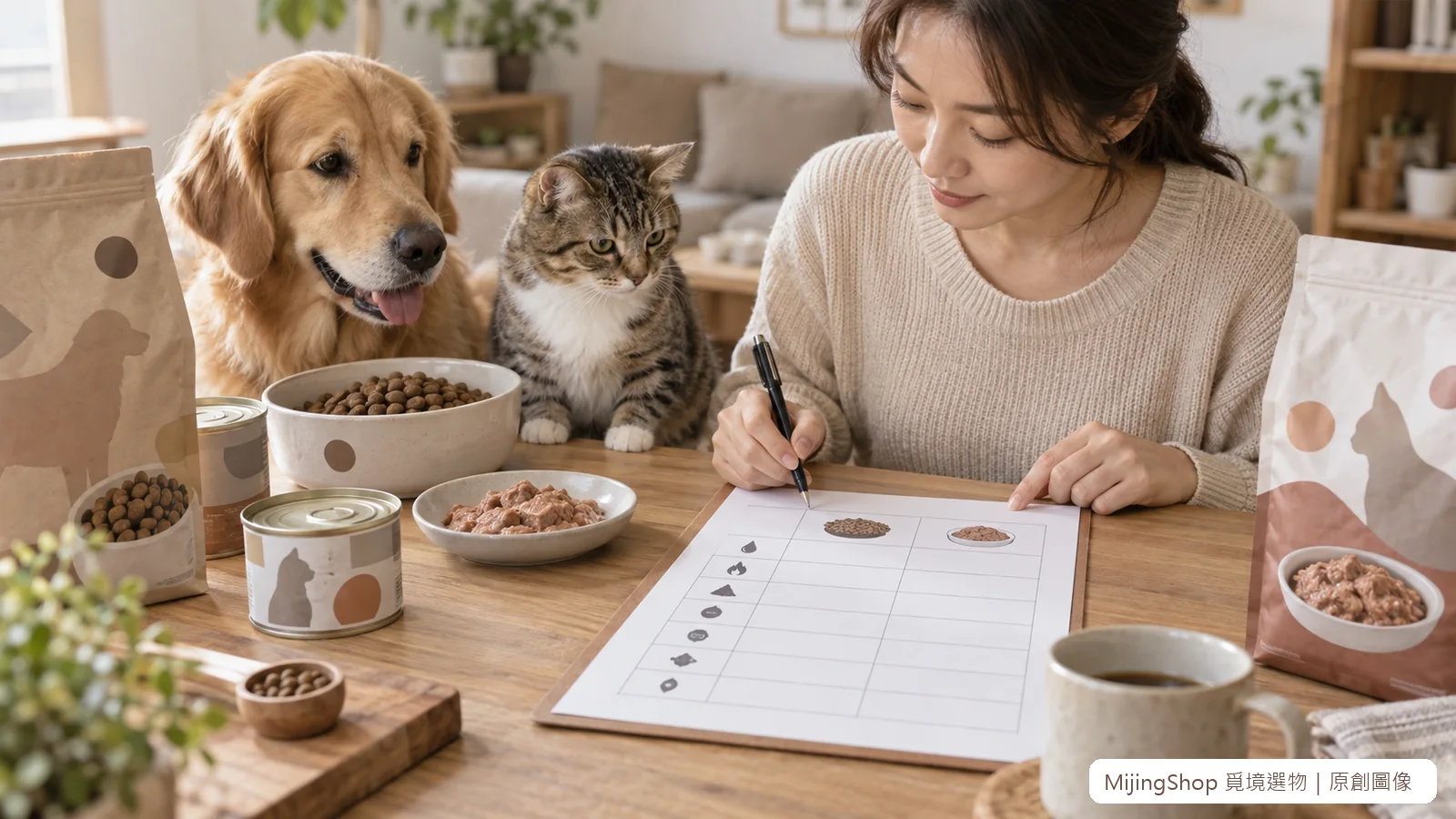 飼主把灰分、水分、熱量與鈣磷等資料放在同一張比較表上，犬貓在旁安靜等待