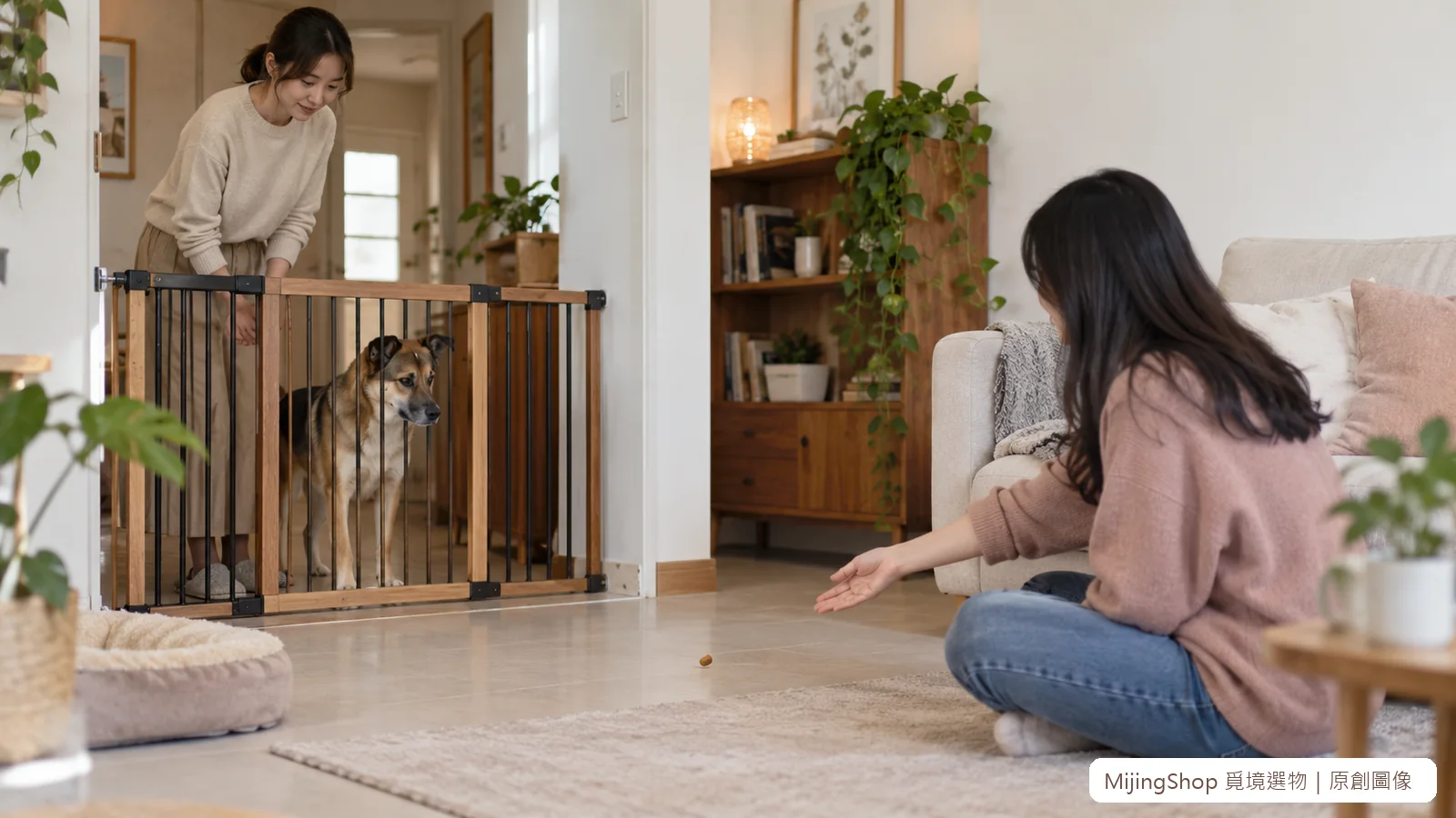 飼主使用門欄保留安全距離，訪客側身將食物拋離自己而非引誘狗靠近