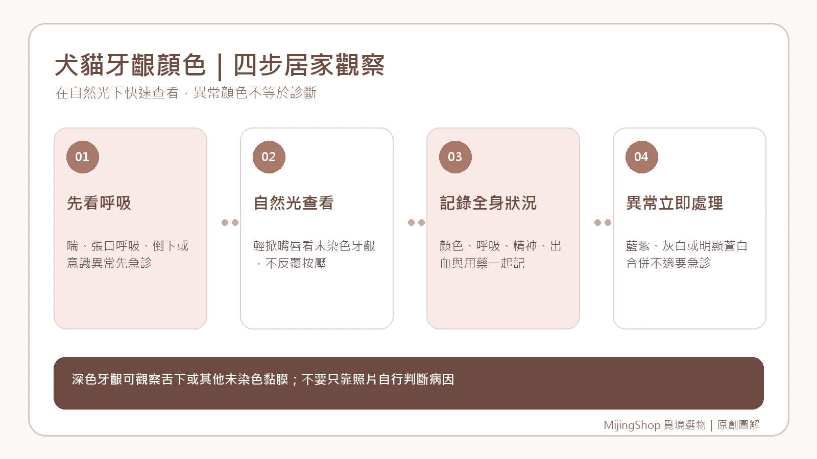 先看呼吸、自然光查看、記錄全身狀況與辨認急症的四步驟圖