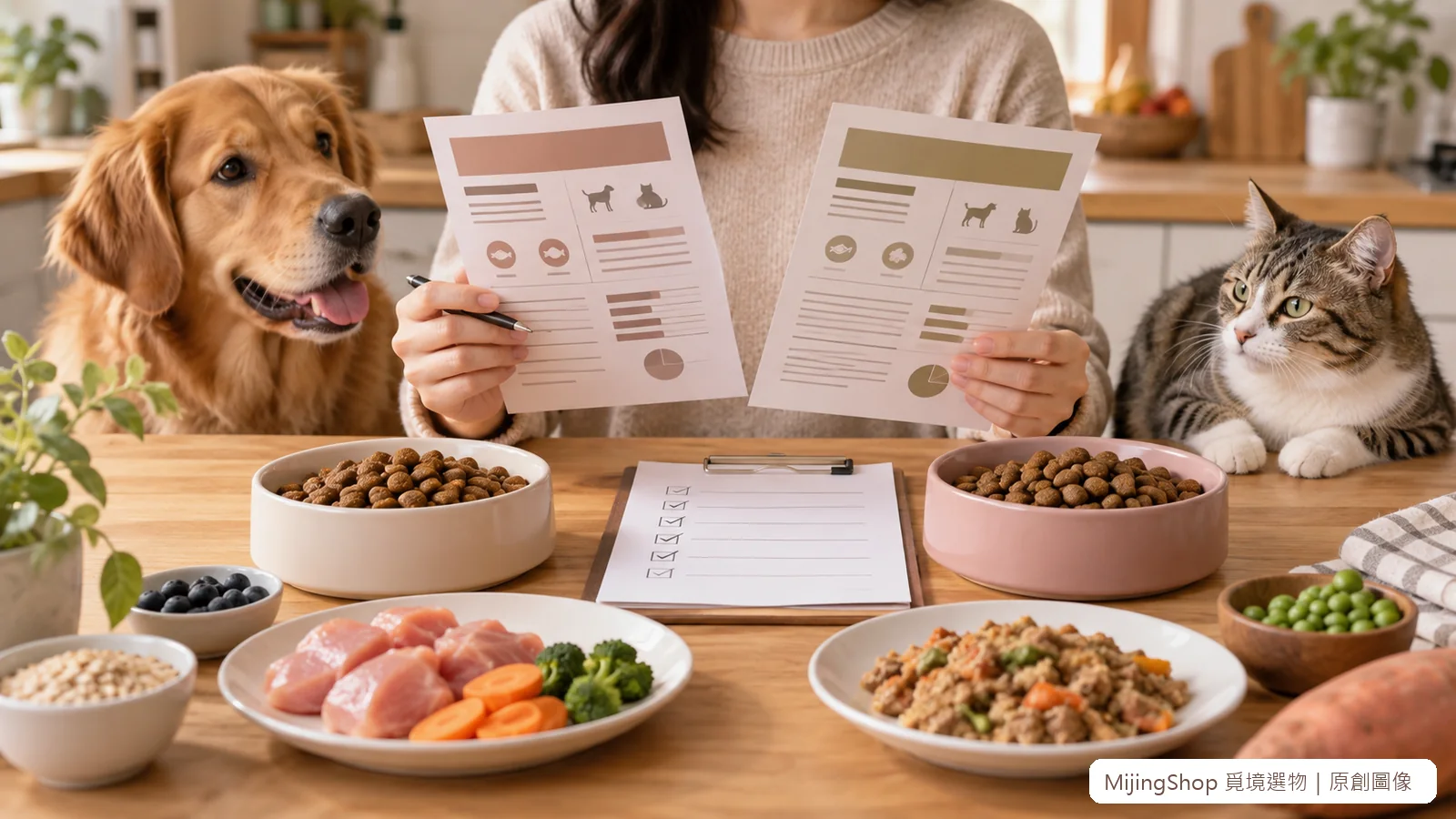 飼主同時比較兩份完整標示與廠商資料，而不是只圈出第一項原料