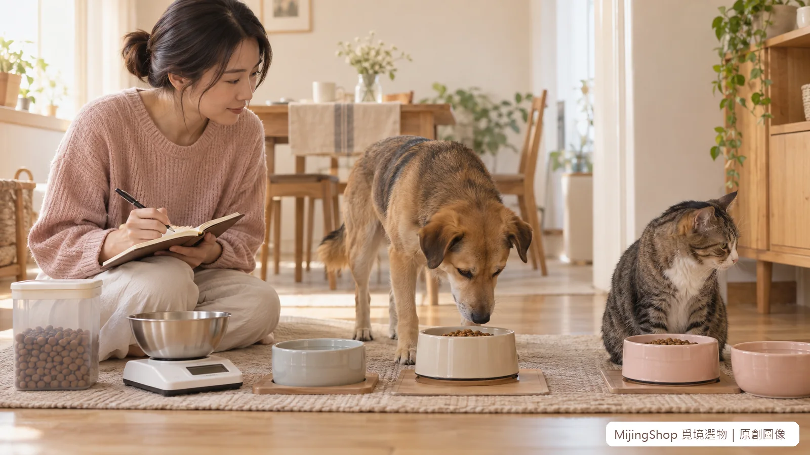 飼主在犬貓各自餐位旁記錄碗中克數與進食反應，毛孩可自由離開