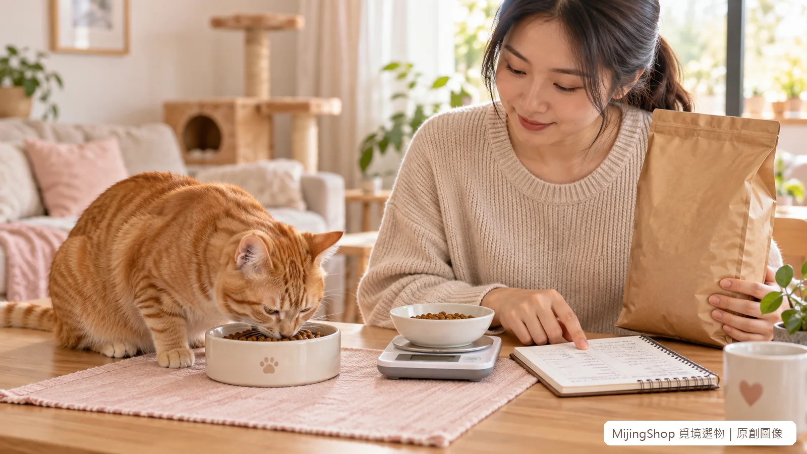 橘色虎斑貓吃秤量後的完整貓用主食，飼主同步記錄食品與每日份量