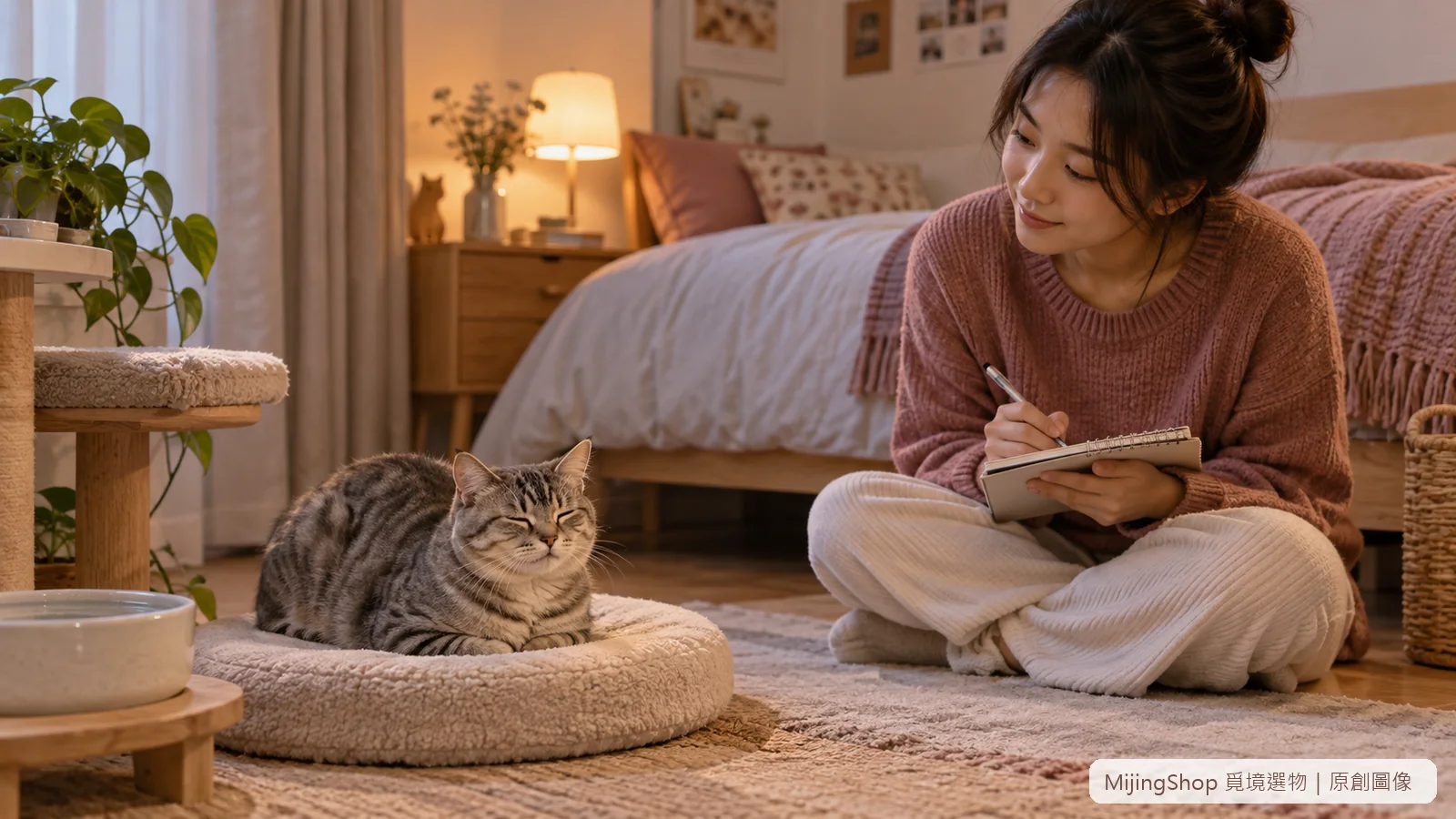 虎斑貓在窗邊休息，飼主保持距離觀察並讓貓保有退路