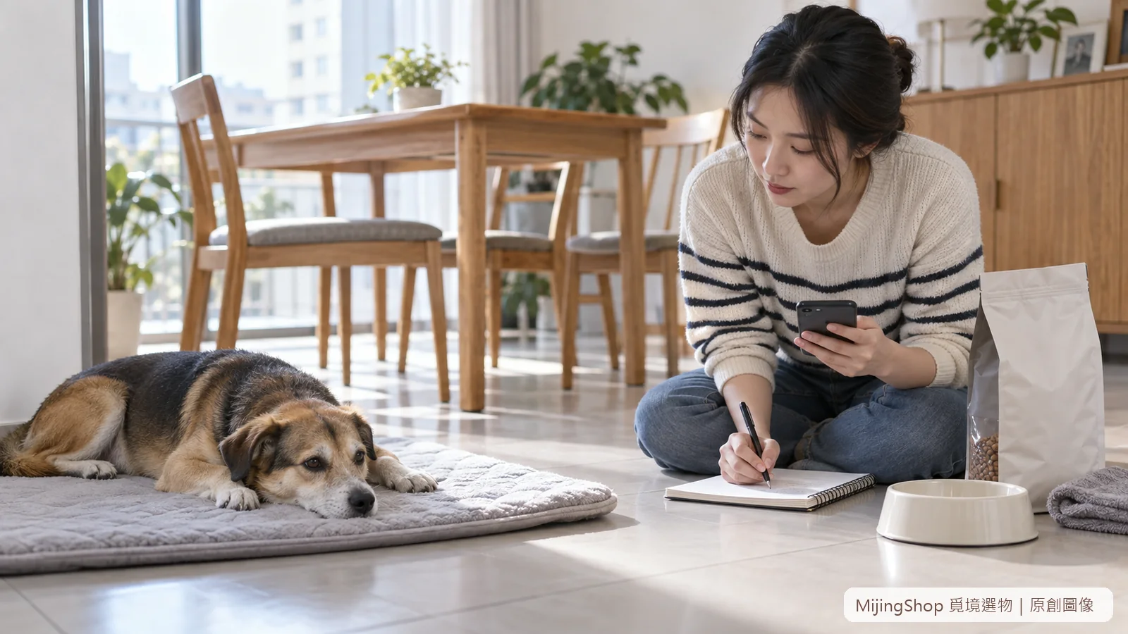 飼主在安靜客廳用筆記與手機記錄犬貓嘔吐後的狀態