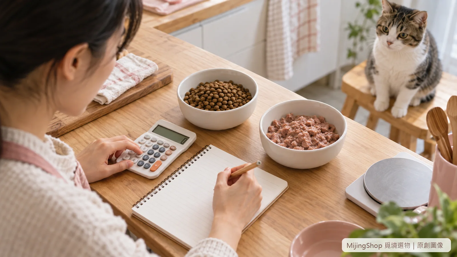 飼主以電子秤和計算機比較乾糧與濕食份量，犬貓在旁休息