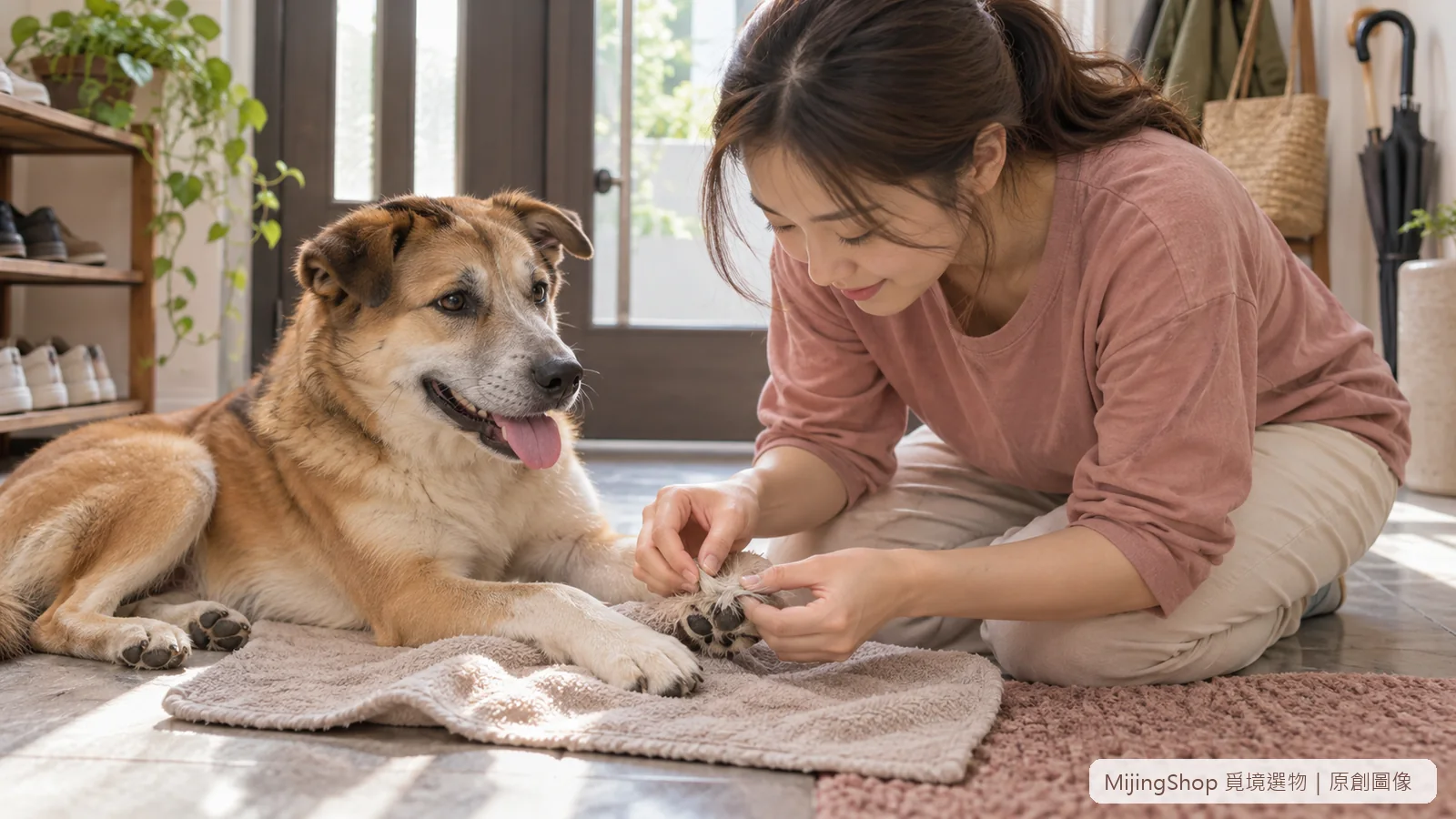 飼主在自然光下輕抬狗狗前腳查看趾間，準備清水與毛巾