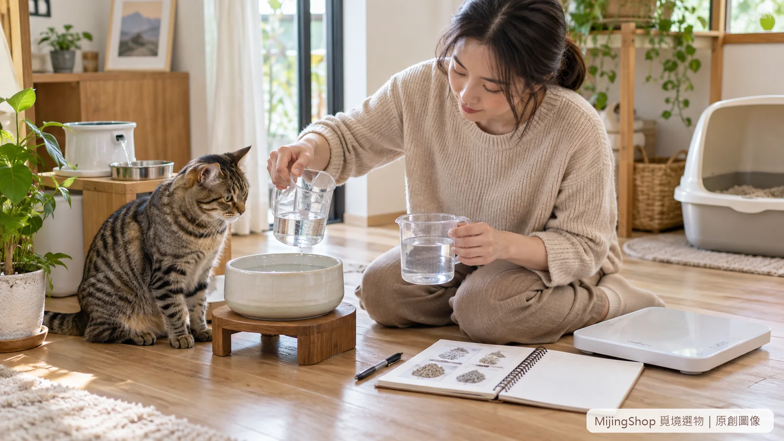飼主清洗水碗並在不同安靜位置補充新鮮飲水，犬貓各自靠近
