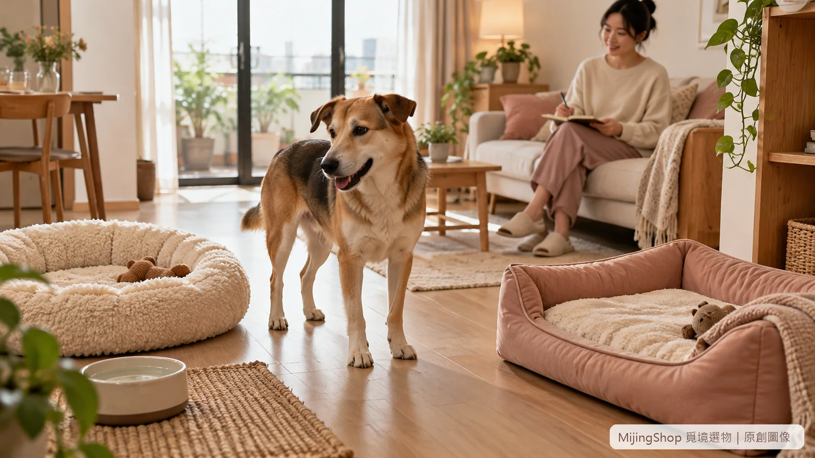 狗狗在兩個舒適睡床間停留，飼主遠處觀察並記錄時間