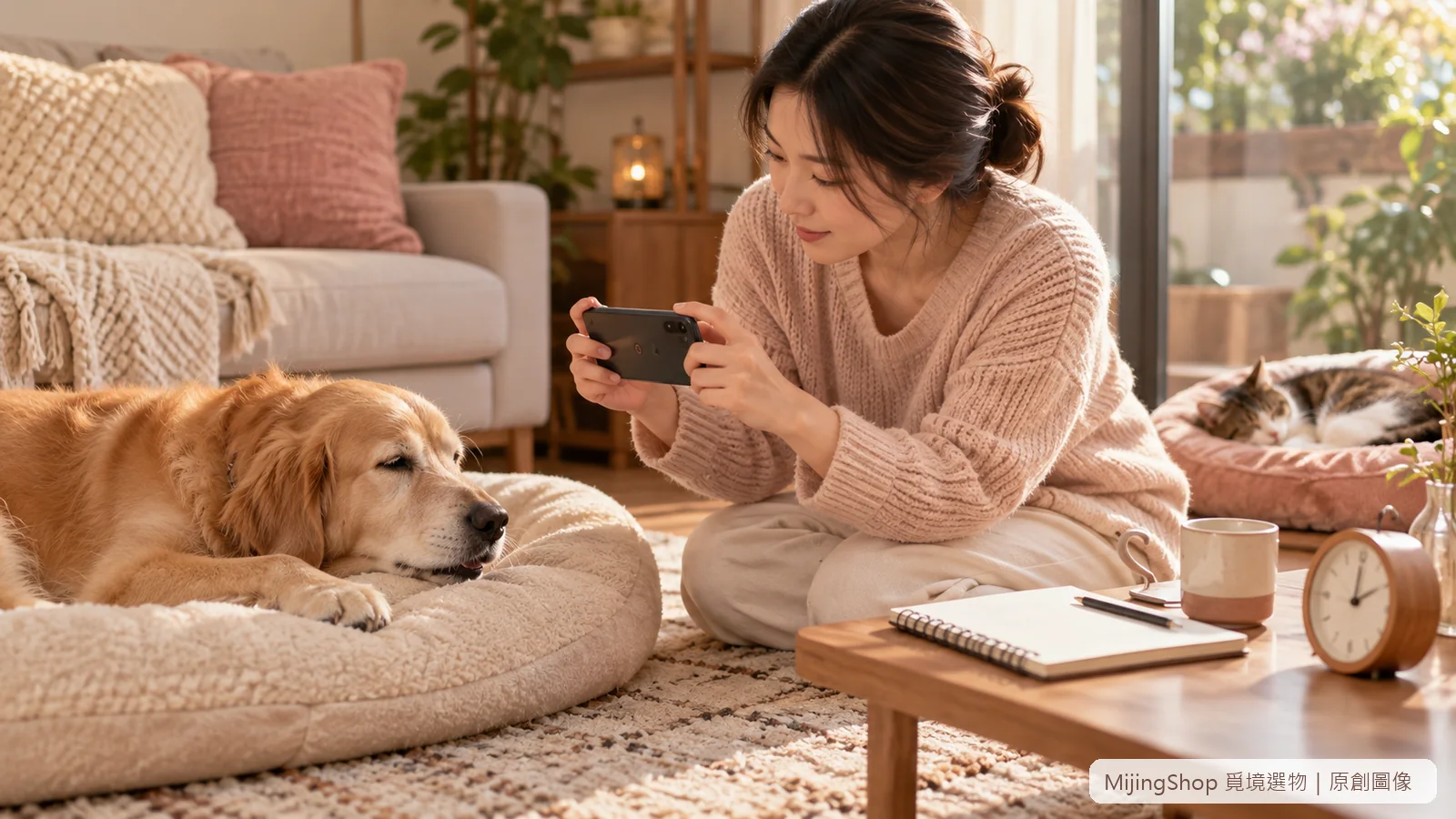 飼主從側面錄下休息狗狗的咳嗽並在筆記記錄時間，貓咪不受打擾