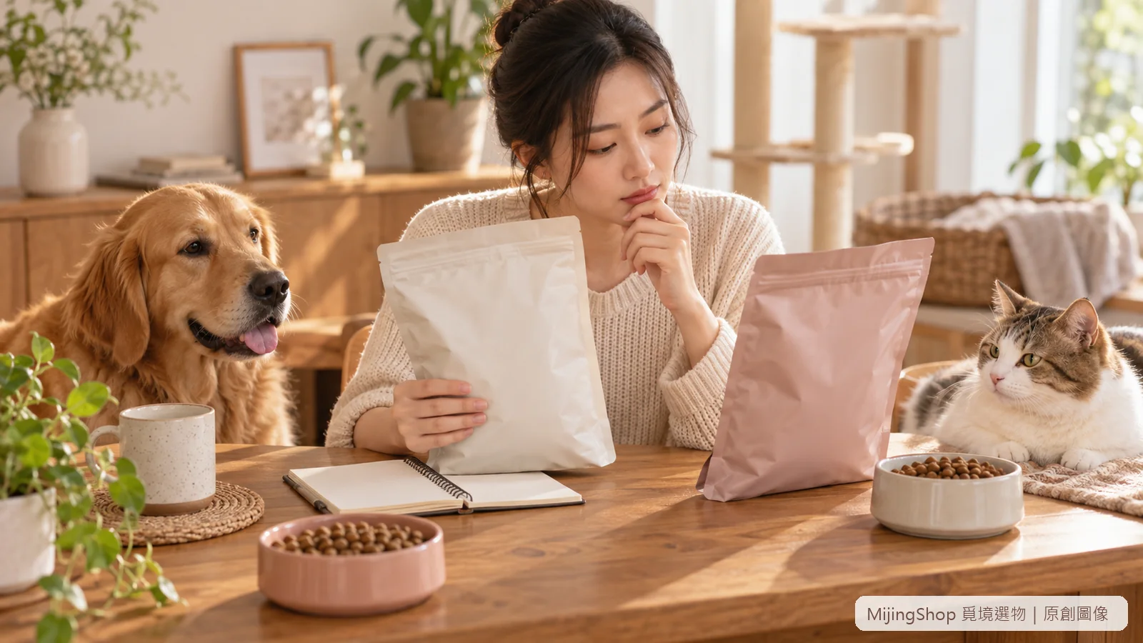 飼主將兩包無品牌飼料並排，以筆記逐項比較完整標示