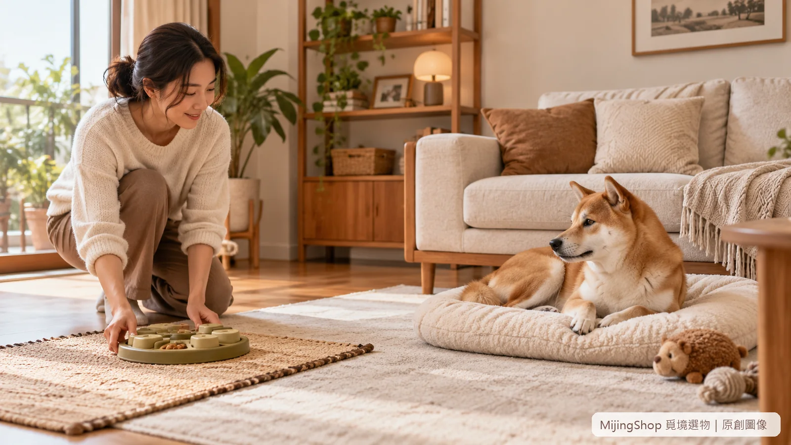 飼主把嗅聞玩具放在墊上，狗狗在自己的睡床平靜休息