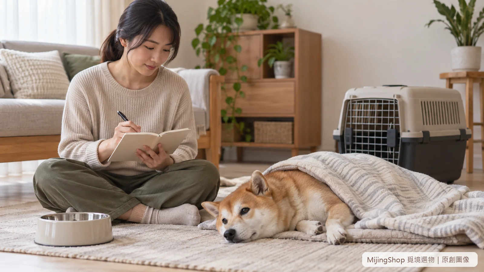 飼主坐在發抖犬隻旁記錄時間，旁有飲水與關閉的外出籠