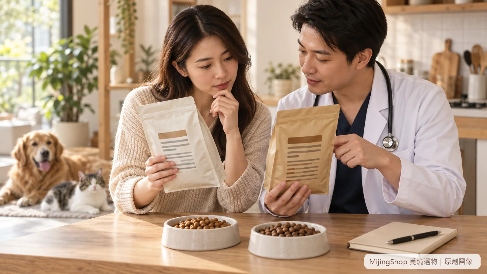 飼主和獸醫比較兩包無品牌寵物食品，桌上只有完成乾糧與筆記