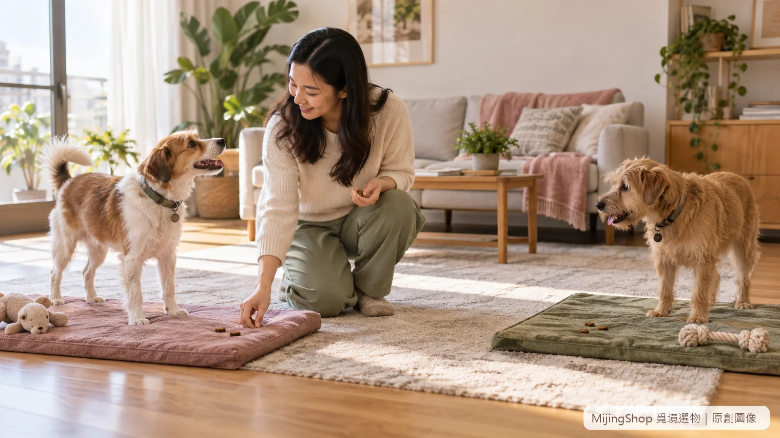 飼主在兩張分開的墊子上獎勵兩隻狗，讓遊戲短暫休息並保持距離