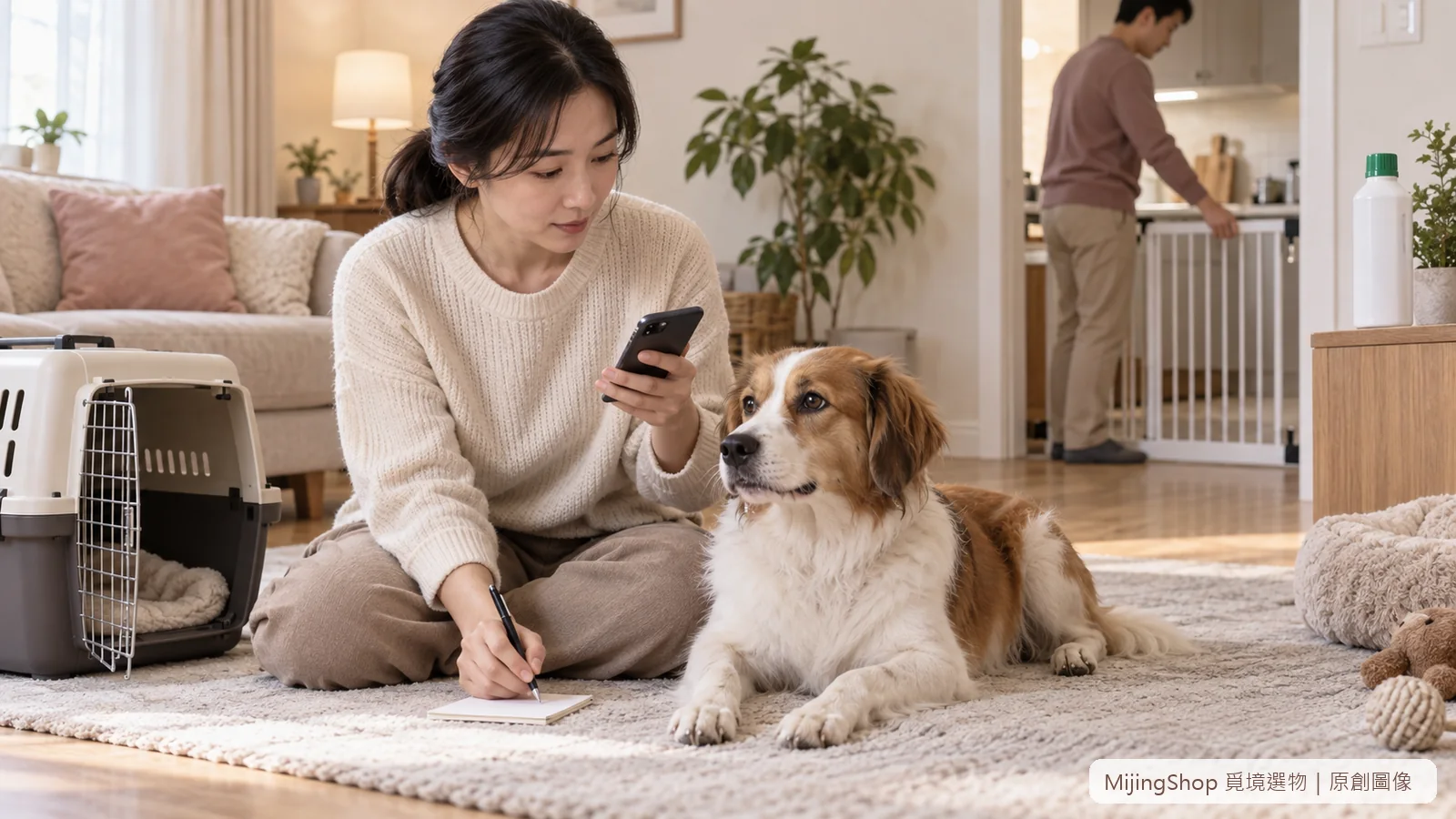 飼主用手機記錄狗狗流口水開始時間，外出籠已打開且另一位家人關閉廚房入口