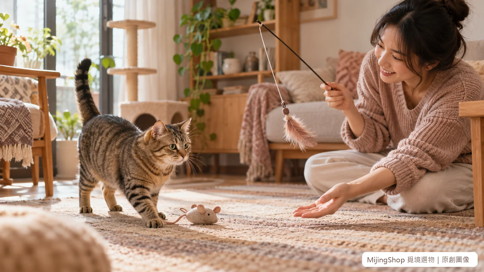 飼主在貓咪放下布偶玩具後,以安全逗貓棒進行短回合遊戲