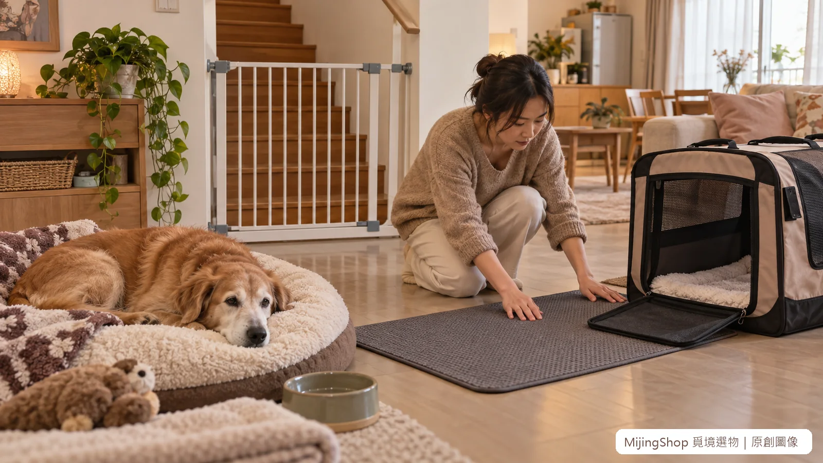 飼主封住樓梯並鋪好防滑動線，準備以外出籠安全運送平衡異常的狗