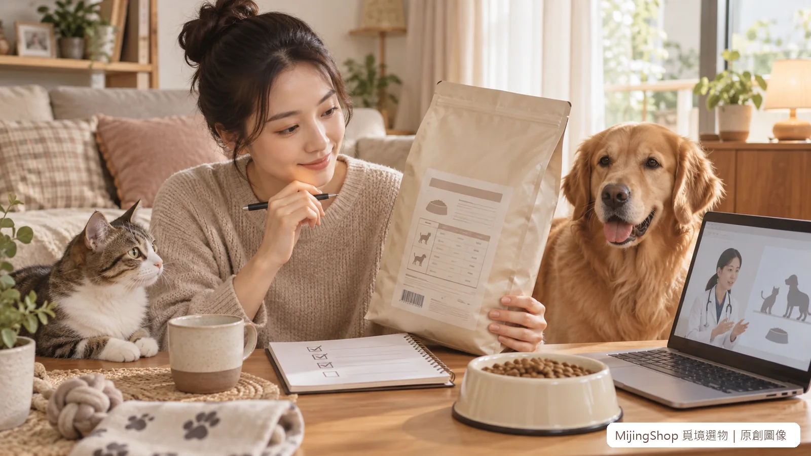 飼主依營養聲明、廠商資料與批號清單評估無品牌寵物食品，並準備詢問專業人員