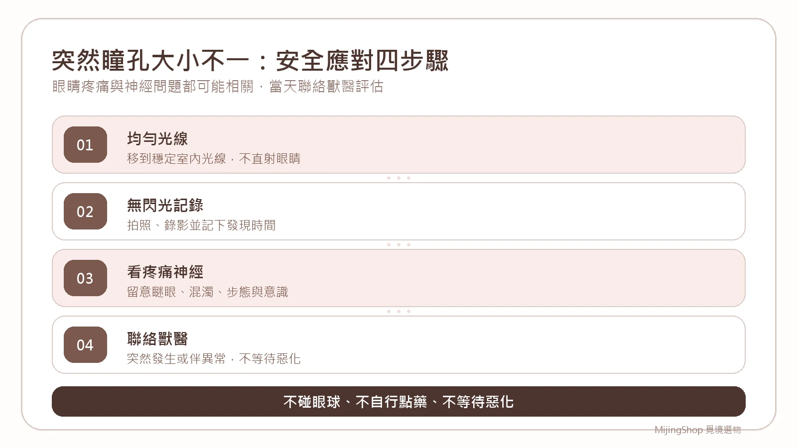 發現犬貓瞳孔大小不一時，依序確認均勻光線、記錄雙眼、查看全身症狀並聯絡獸醫的說明圖