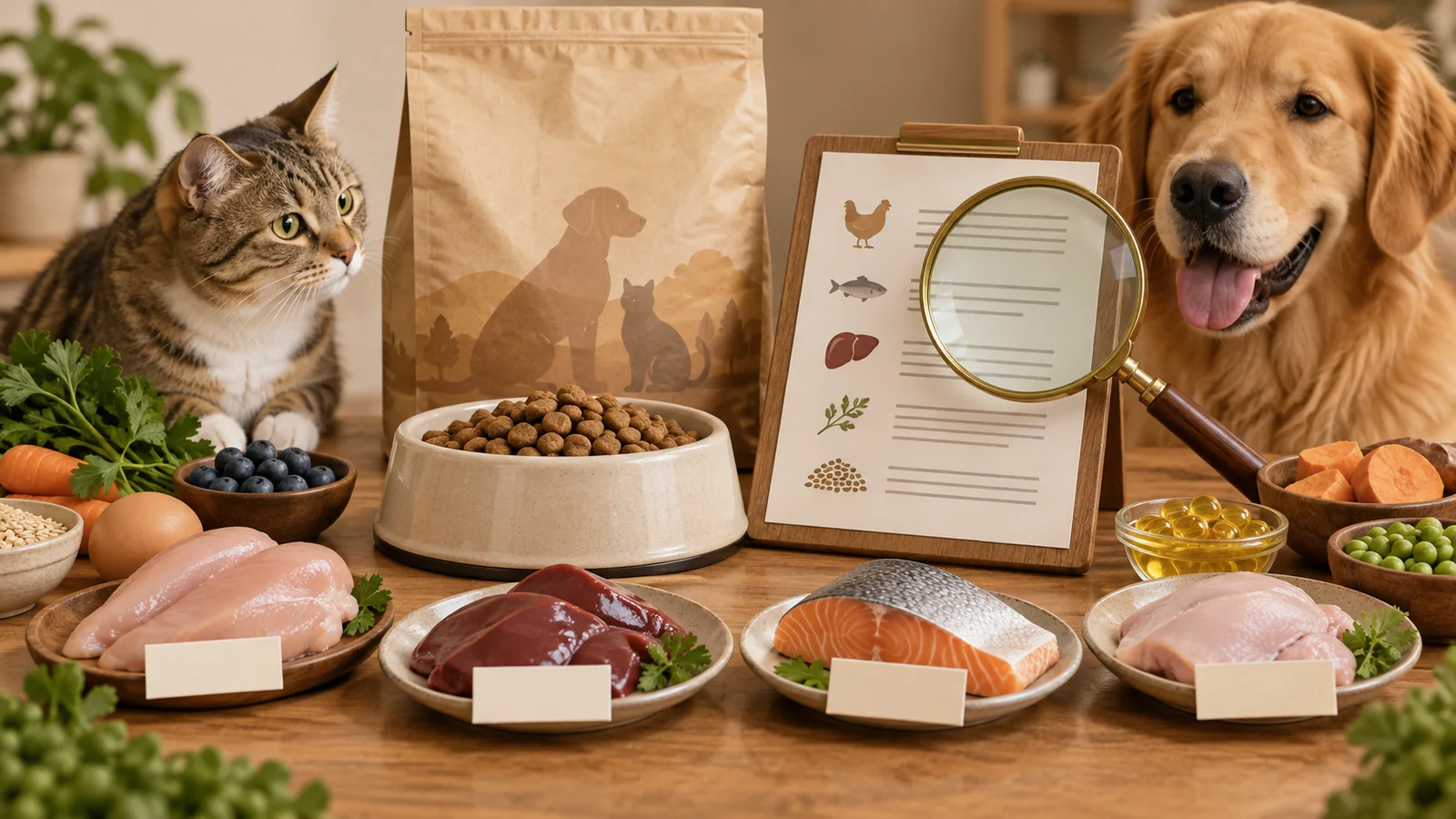 無品牌寵物食品、食碗與多種動物性原料並列，飼主使用放大鏡閱讀原料表