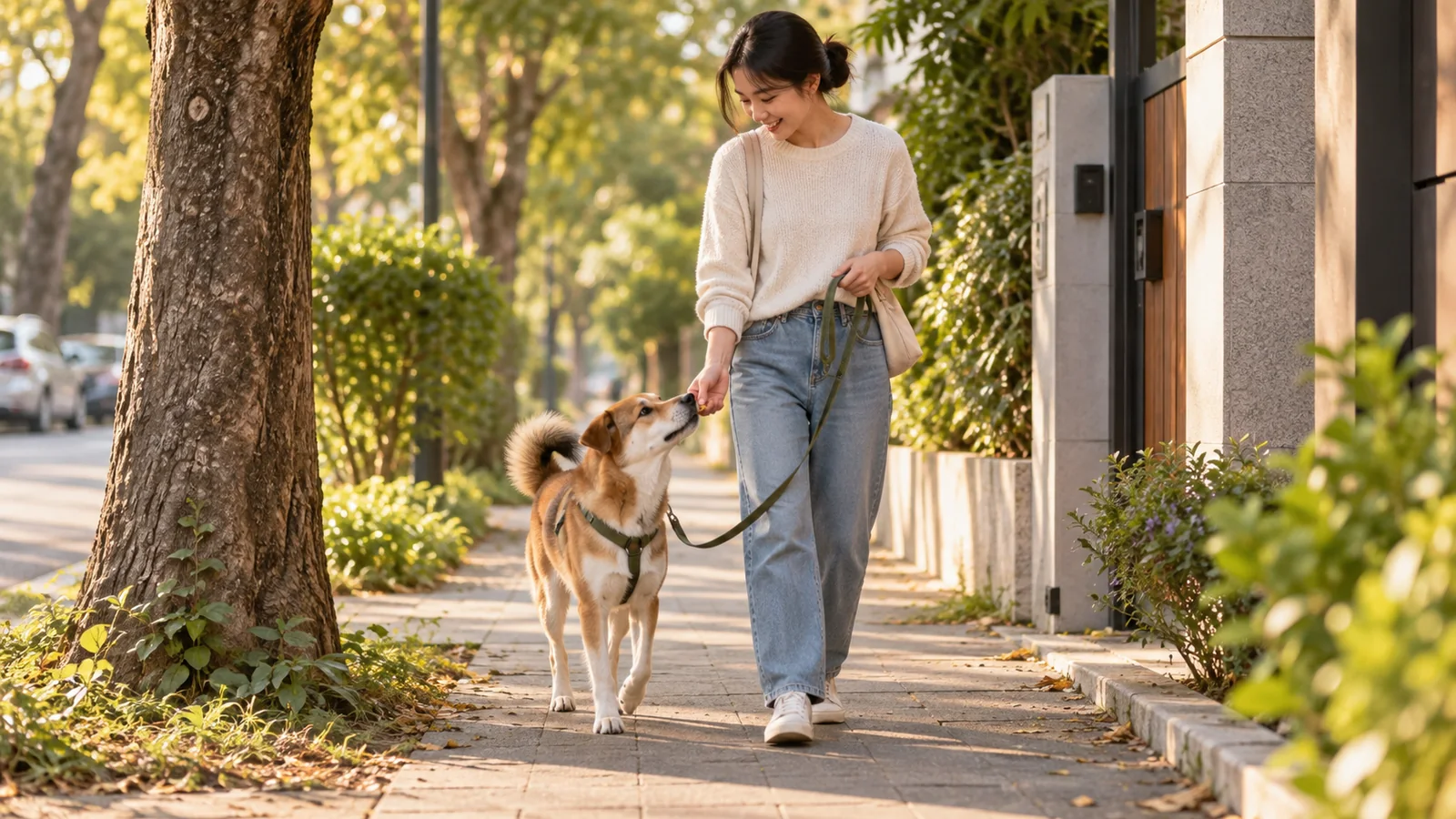 狗狗完成最後嗅聞後跟著飼主以鬆繩往家走，飼主在腿側給小份獎勵