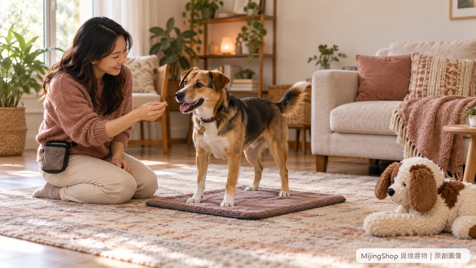 狗狗四腳站在地墊上，飼主以小份獎勵強化平靜行為