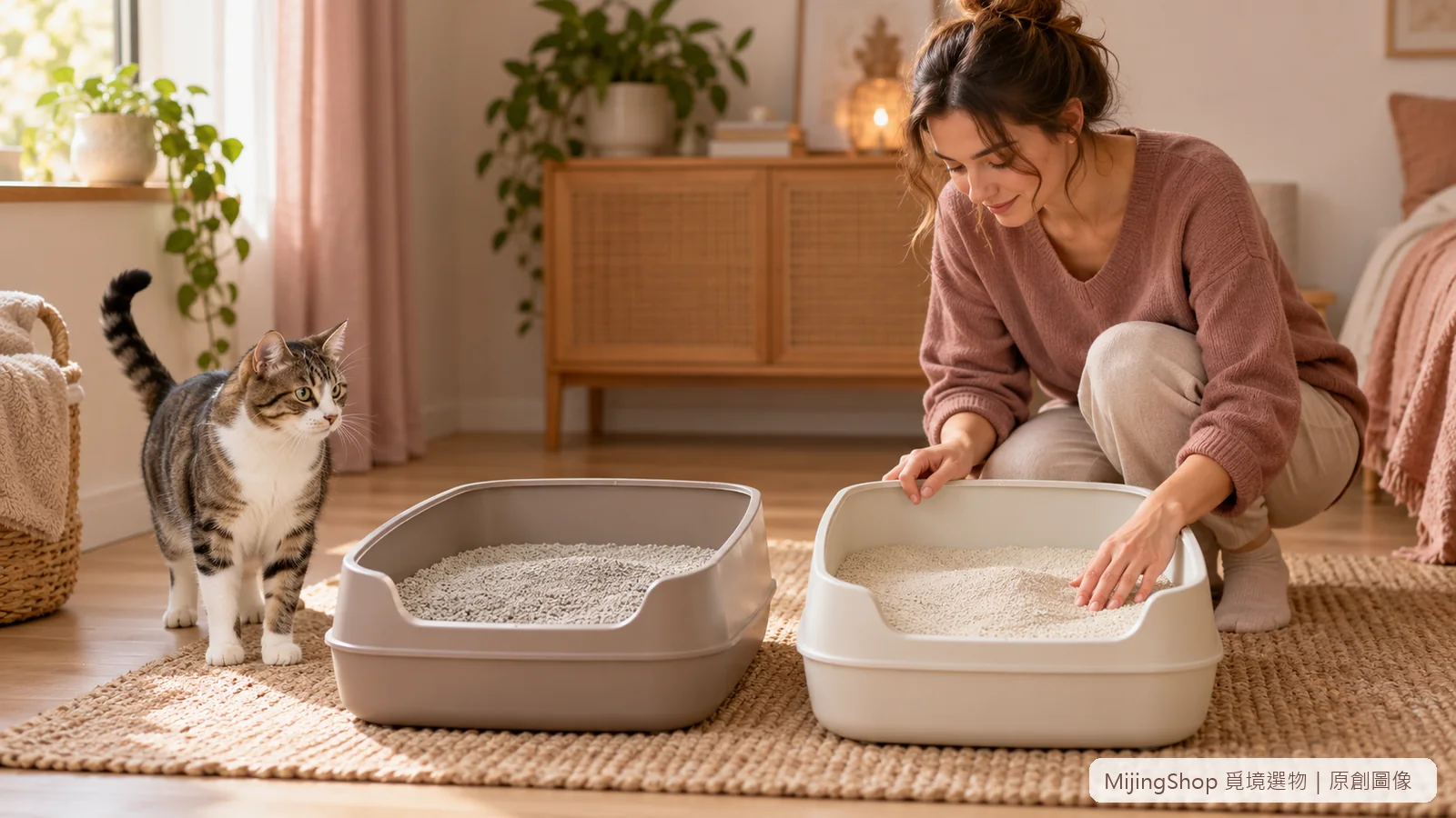 飼主在安靜房間比較兩個開放式貓砂盆的砂材與深度