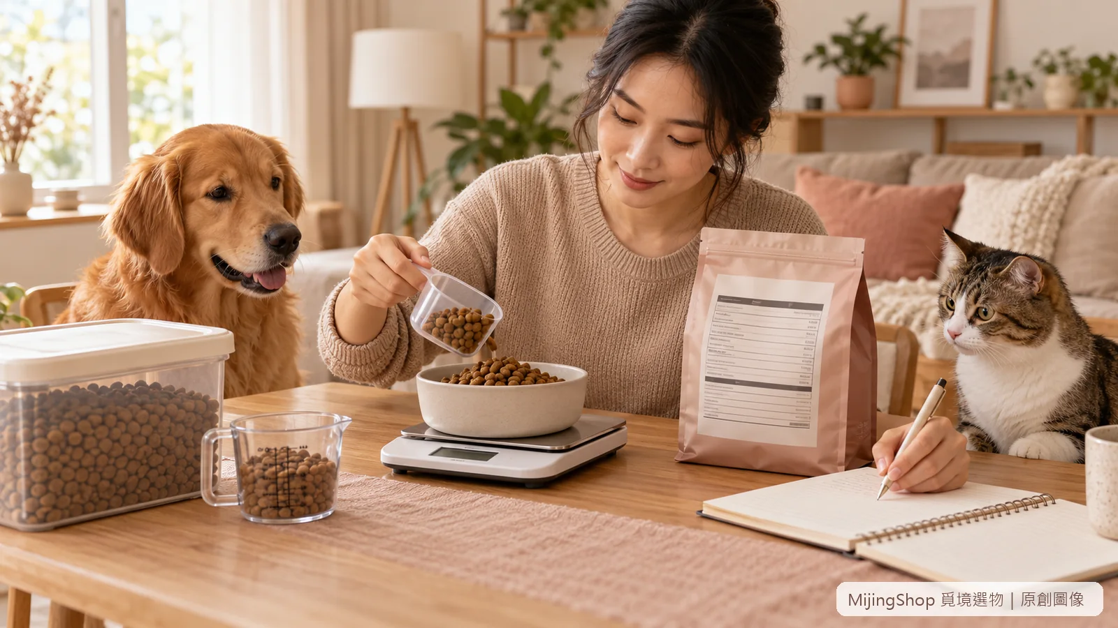 飼主以電子秤秤量乾糧並在筆記本記錄狗貓每日份量