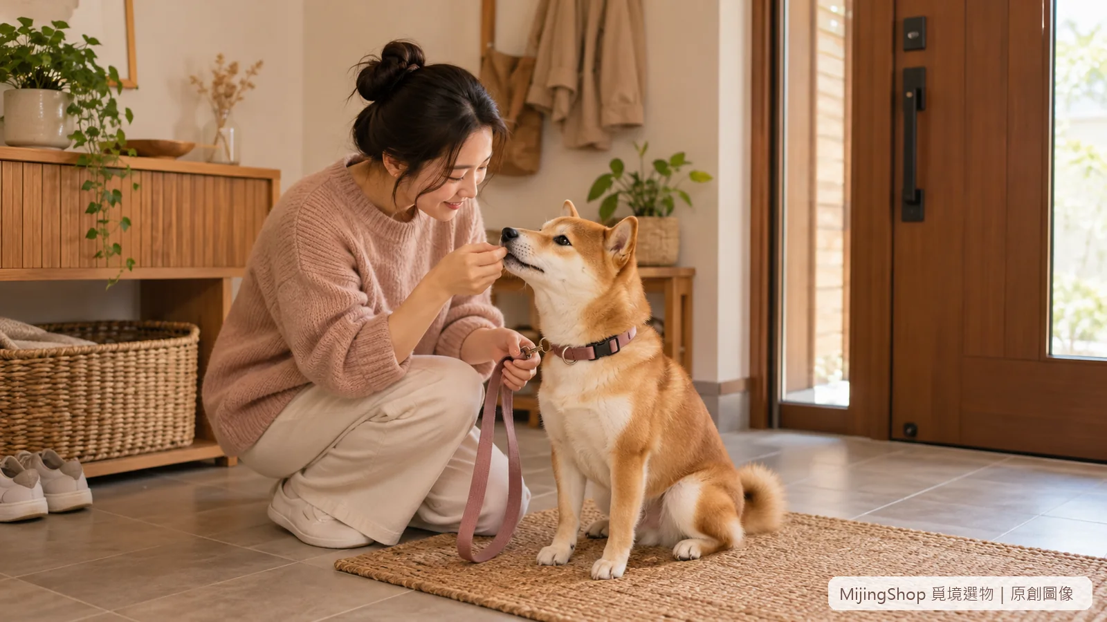飼主在玄關地墊獎勵狗狗四腳落地後才扣上牽繩