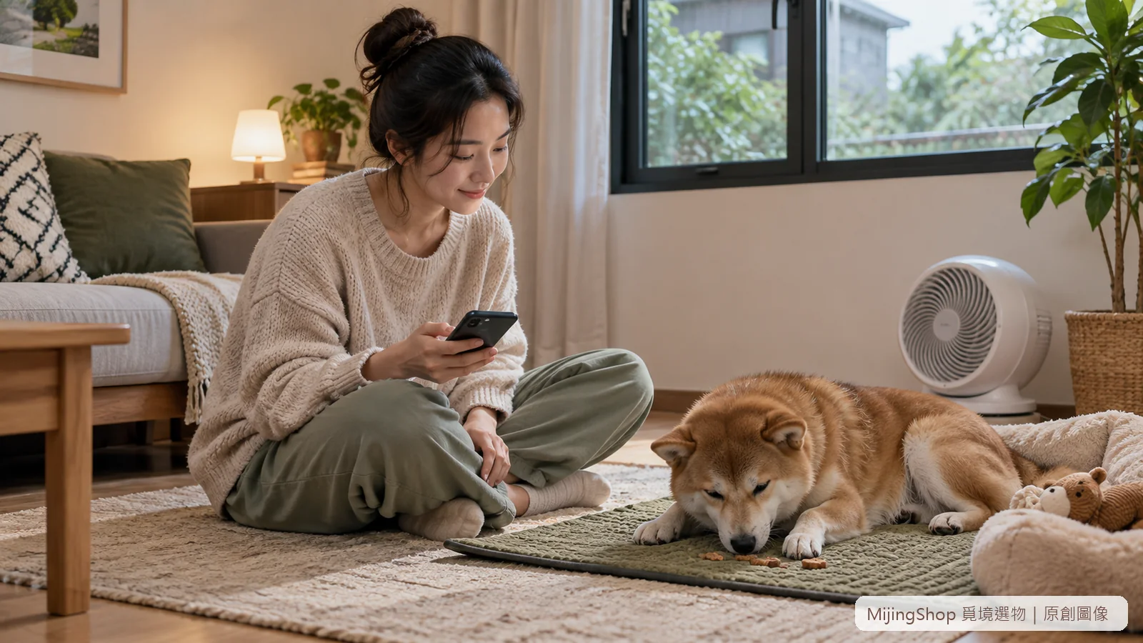 飼主用手機極低音量播放聲音，狗狗在地墊放鬆吃獎勵