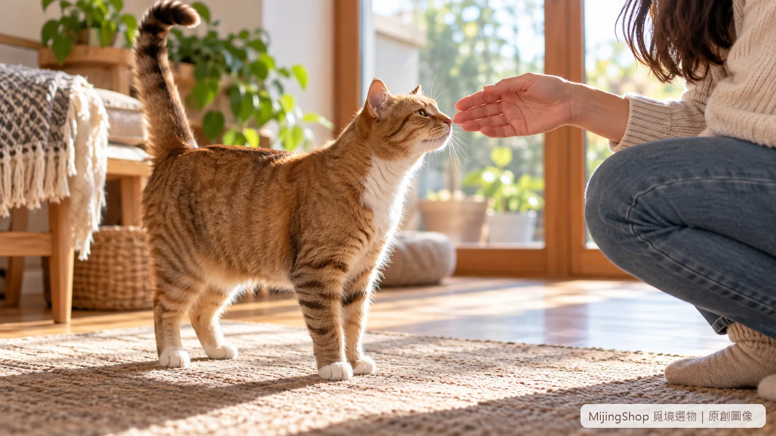 飼主把手停在鼻前下方，讓豎尾貓咪主動聞嗅