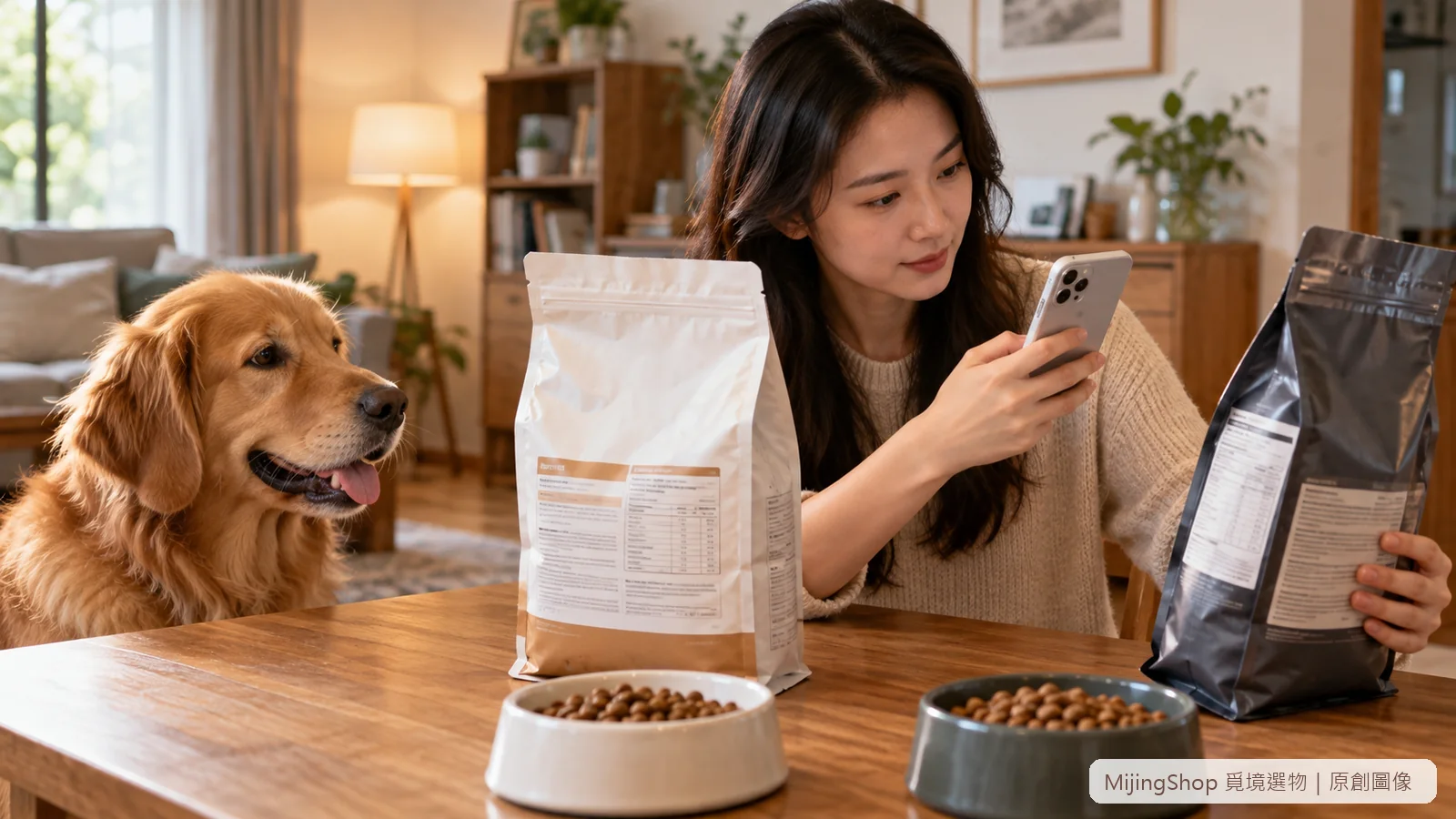 飼主拍攝批號並比較新舊食品標示後用電子秤分裝