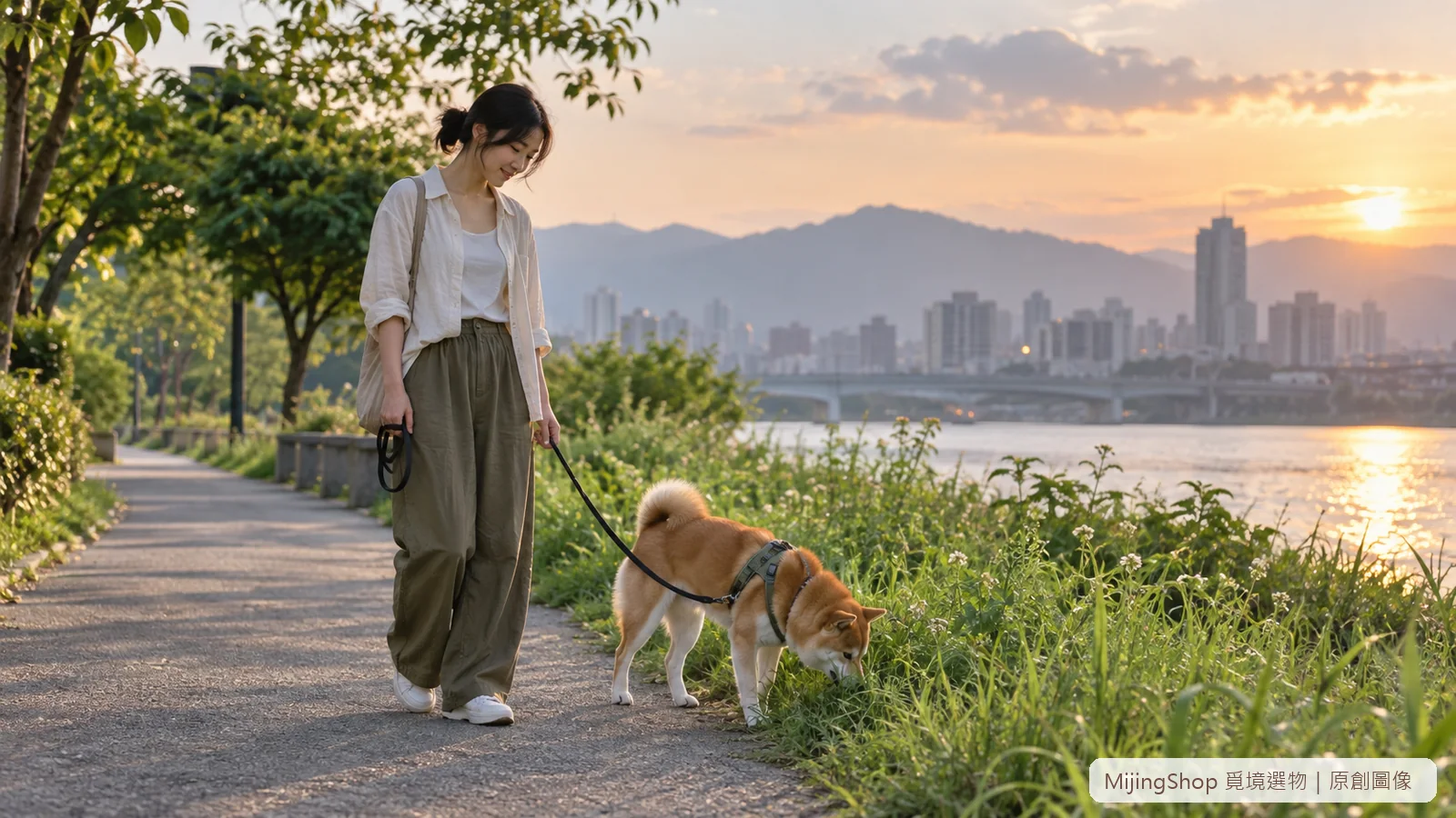 飼主停在安全草邊讓狗狗以鬆牽繩嗅聞