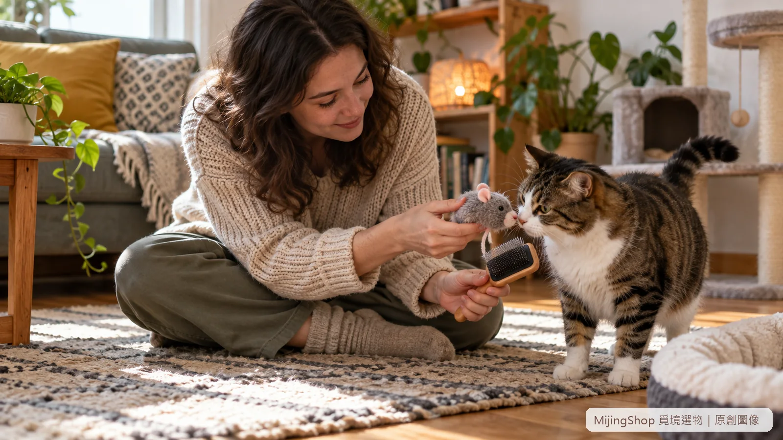 飼主把舔手的貓溫和引導到玩具與梳毛互動