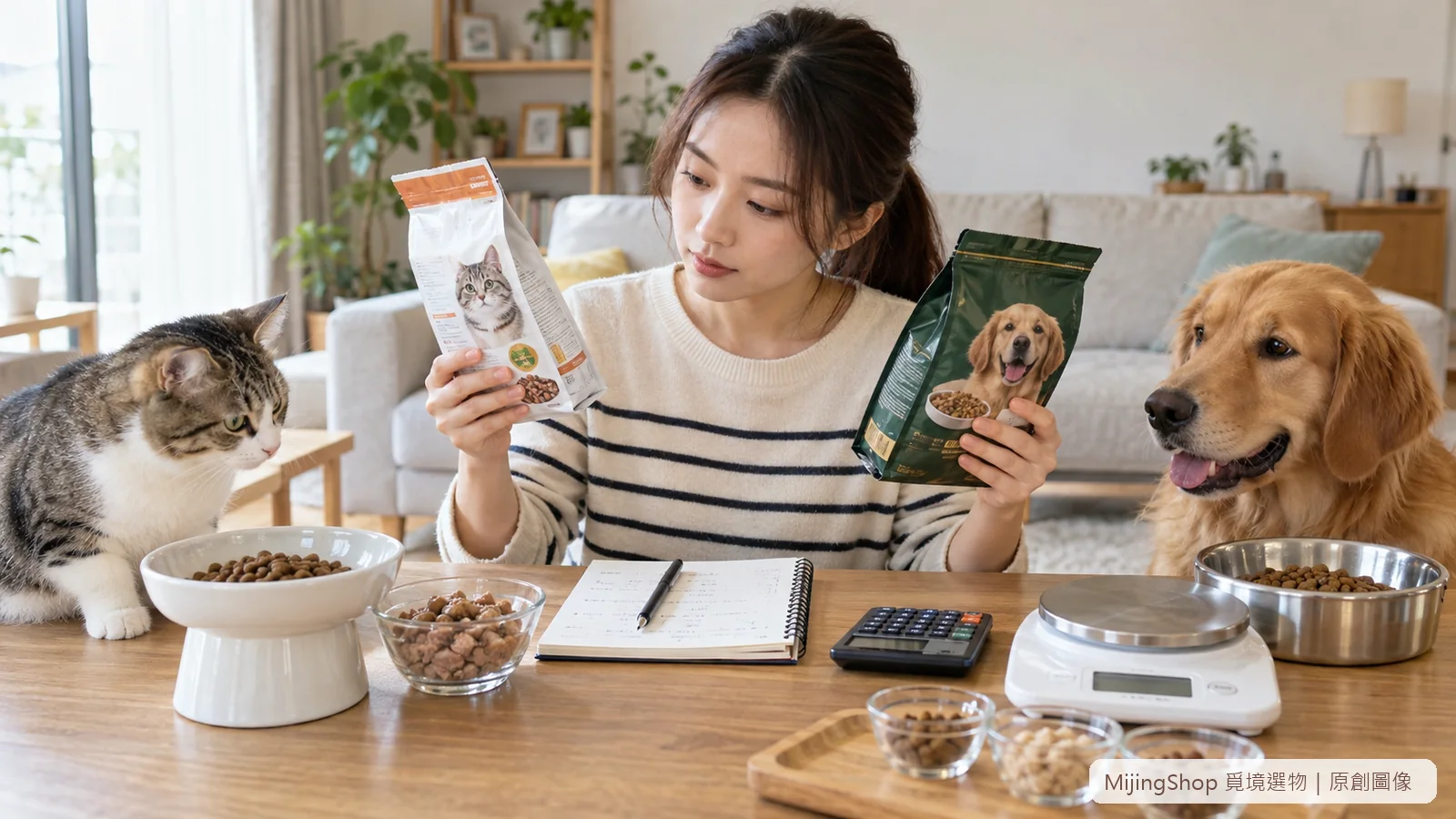 飼主比較兩包食品的脂肪水分與熱量並用秤分裝