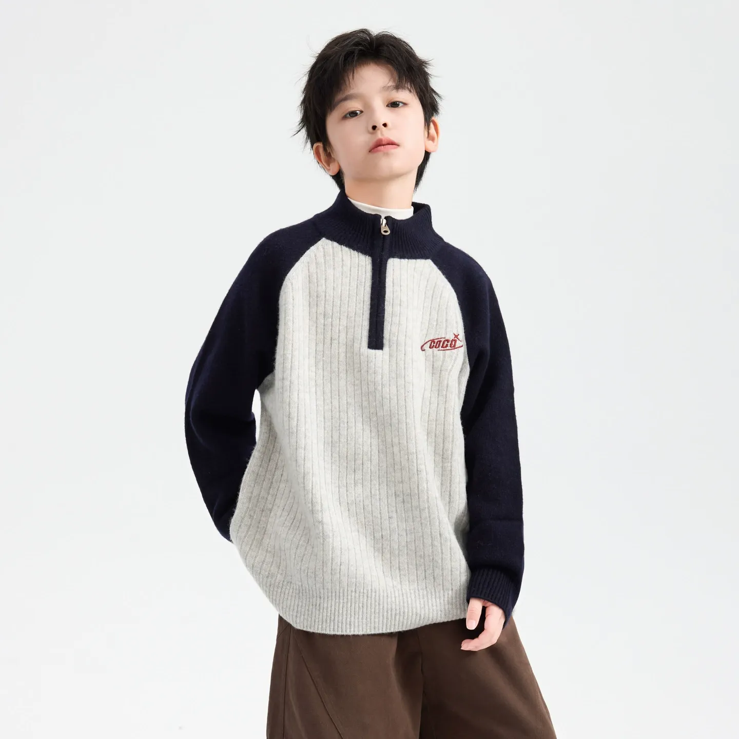 【質感新色】男大童撞色半高領毛衣｜厚磅半開襟針織外套，青少年學院風保暖上衣 (120-180cm)