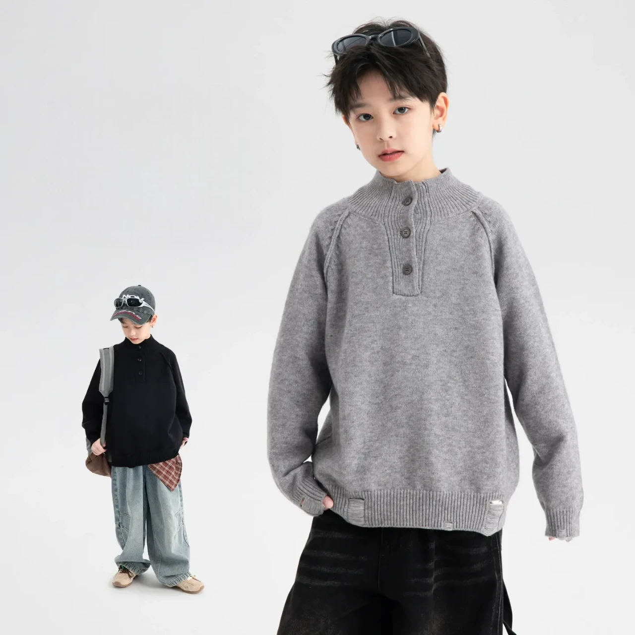 男大童酷帥半高領毛衣｜厚磅半開襟針織外套，青少年街頭風保暖上衣 (120-180cm)
