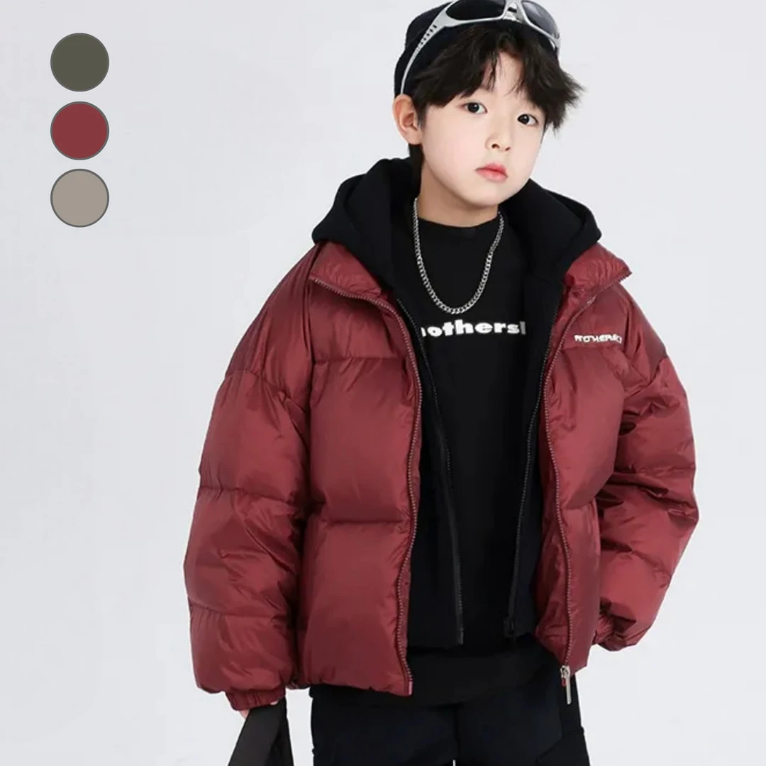 男大童假兩件麵包羽絨服|暗紅喜慶保暖外套,青少年極厚防風麵包服 (110-180cm)
