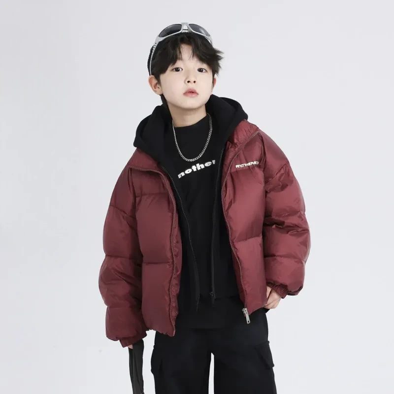 男大童假兩件麵包羽絨服｜暗紅喜慶保暖外套，青少年極厚防風麵包服 (110-180cm)