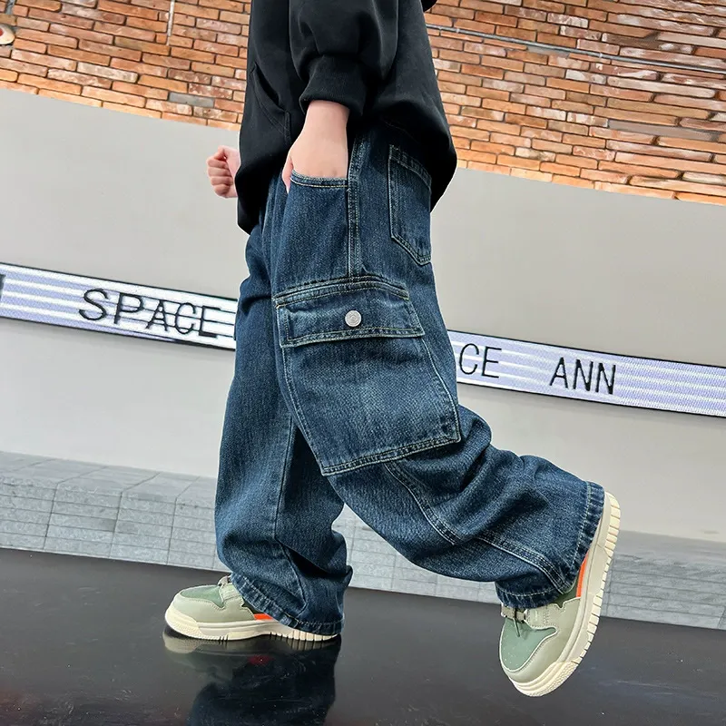 【工裝潮酷】男大童直筒闊腿牛仔褲｜一體絨加絨保暖長褲，青少年美式寬鬆工裝褲 (110-170cm)